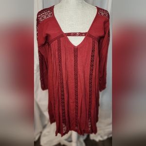 NWT American Eagle Boho Style Long Sleeve Dress Size XS Red Burgundy